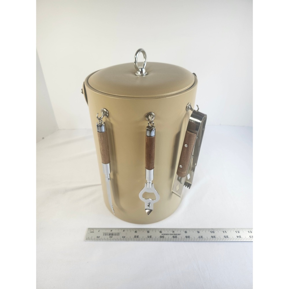 Vintage Mid Century Modern Ice Bucket Tan Vinyl Wood Handle Bar Tools Set MCM